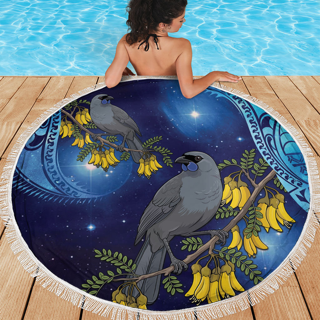 New Zealand Kokako Bird Beach Blanket Kowhai Galaxy Style Polynesian Pattern
