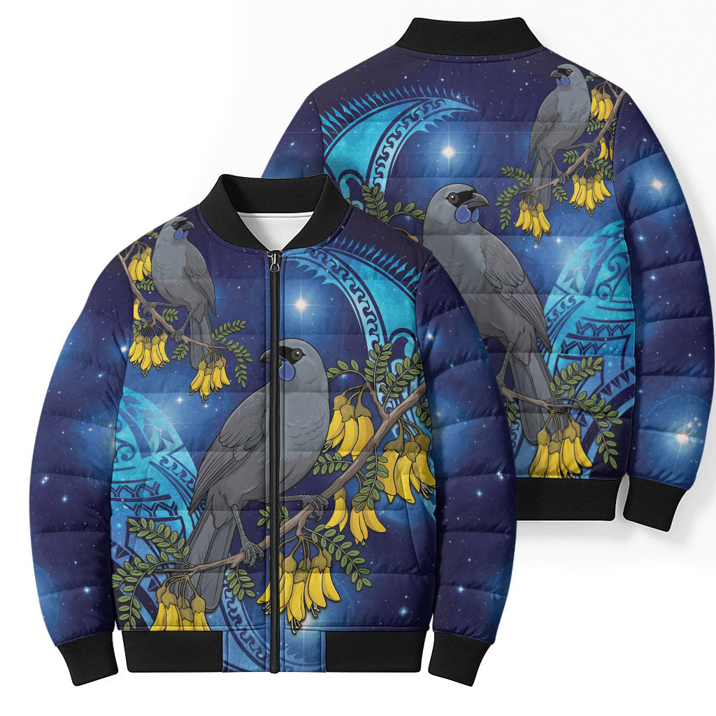 New Zealand Kokako Bird Bomber Puffer Jacket Kowhai Galaxy Style Polynesian Pattern