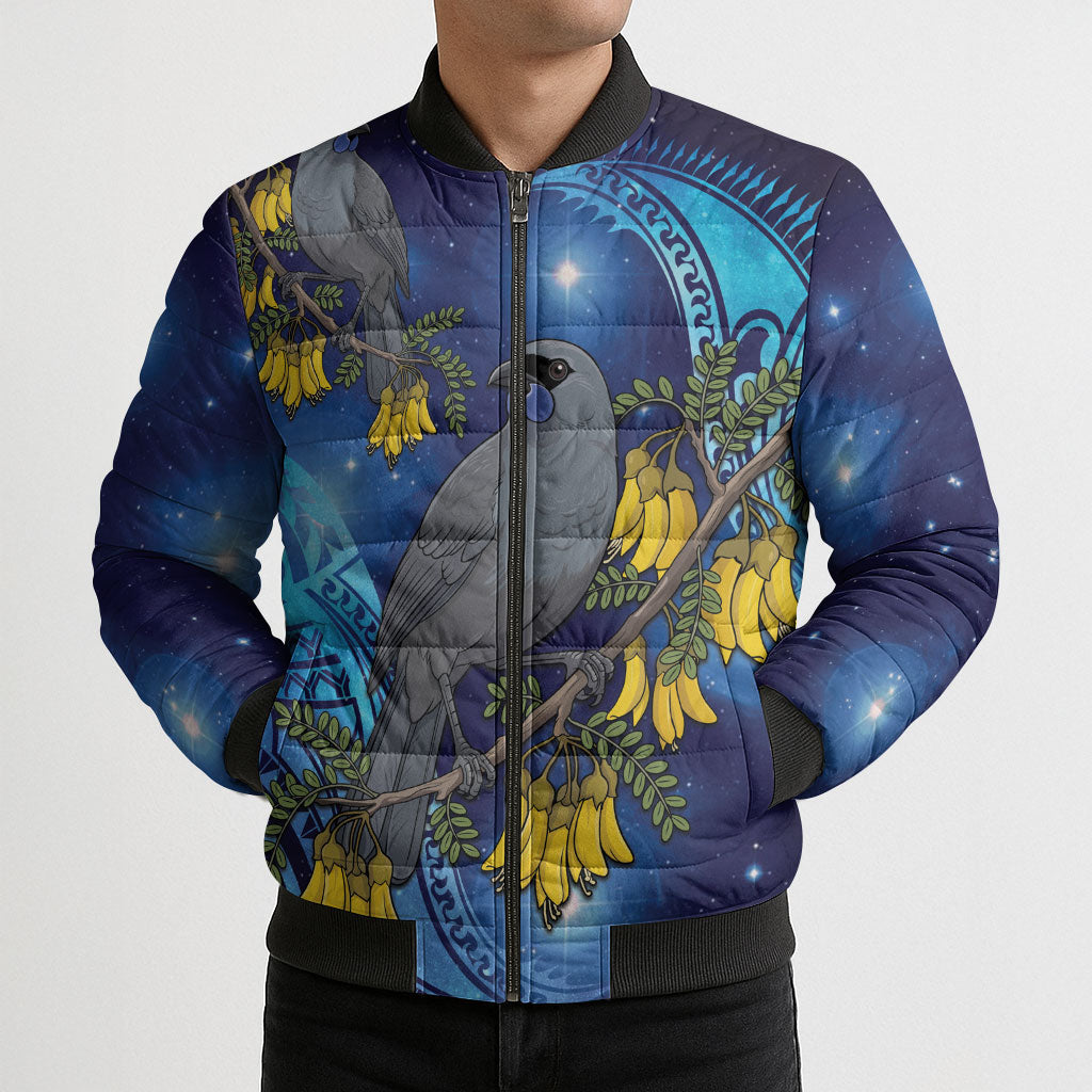 New Zealand Kokako Bird Bomber Puffer Jacket Kowhai Galaxy Style Polynesian Pattern