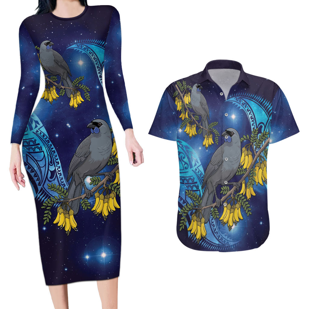 New Zealand Kokako Bird Couples Matching Long Sleeve Bodycon Dress and Hawaiian Shirt Kowhai Galaxy Style Polynesian Pattern LT22 Blue - Polynesian Pride