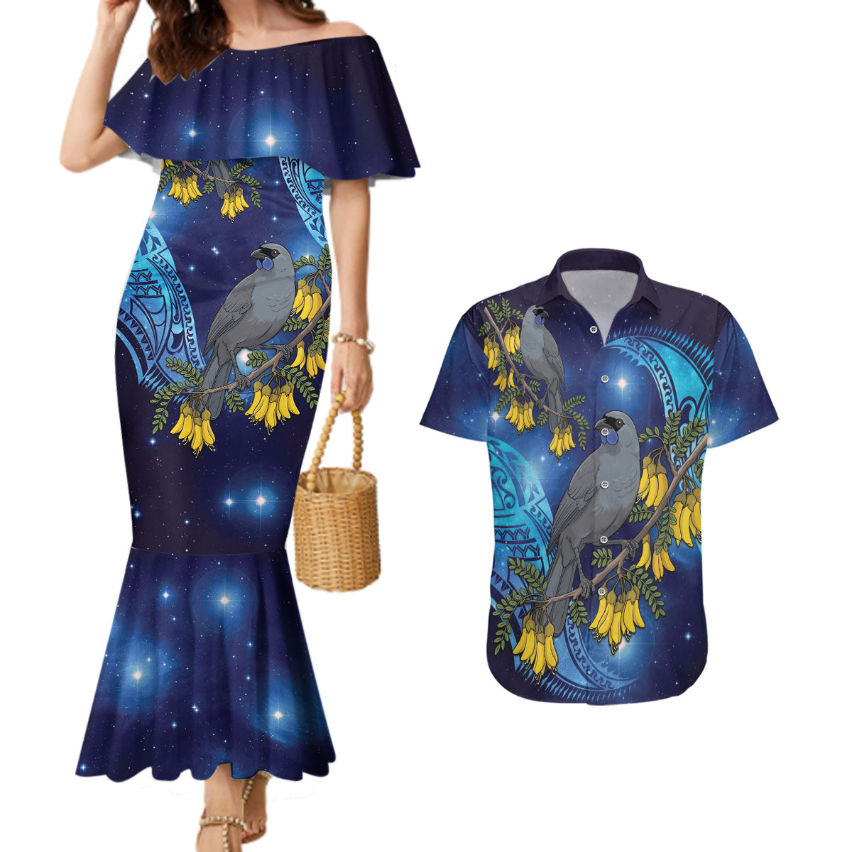 New Zealand Kokako Bird Couples Matching Mermaid Dress and Hawaiian Shirt Kowhai Galaxy Style Polynesian Pattern LT22 Blue - Polynesian Pride