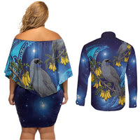 New Zealand Kokako Bird Couples Matching Off Shoulder Short Dress and Long Sleeve Button Shirt Kowhai Galaxy Style Polynesian Pattern