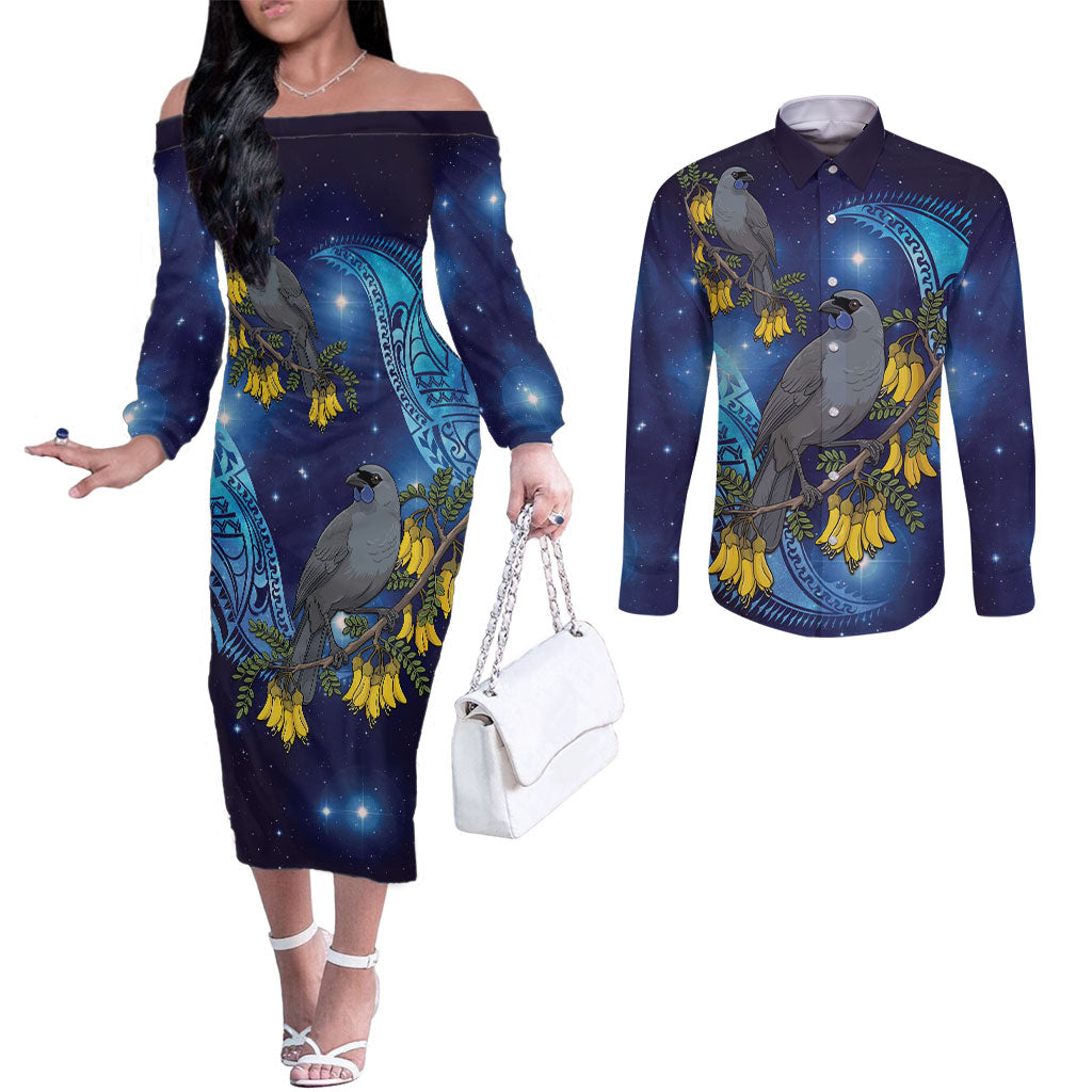 New Zealand Kokako Bird Couples Matching Off The Shoulder Long Sleeve Dress and Long Sleeve Button Shirt Kowhai Galaxy Style Polynesian Pattern