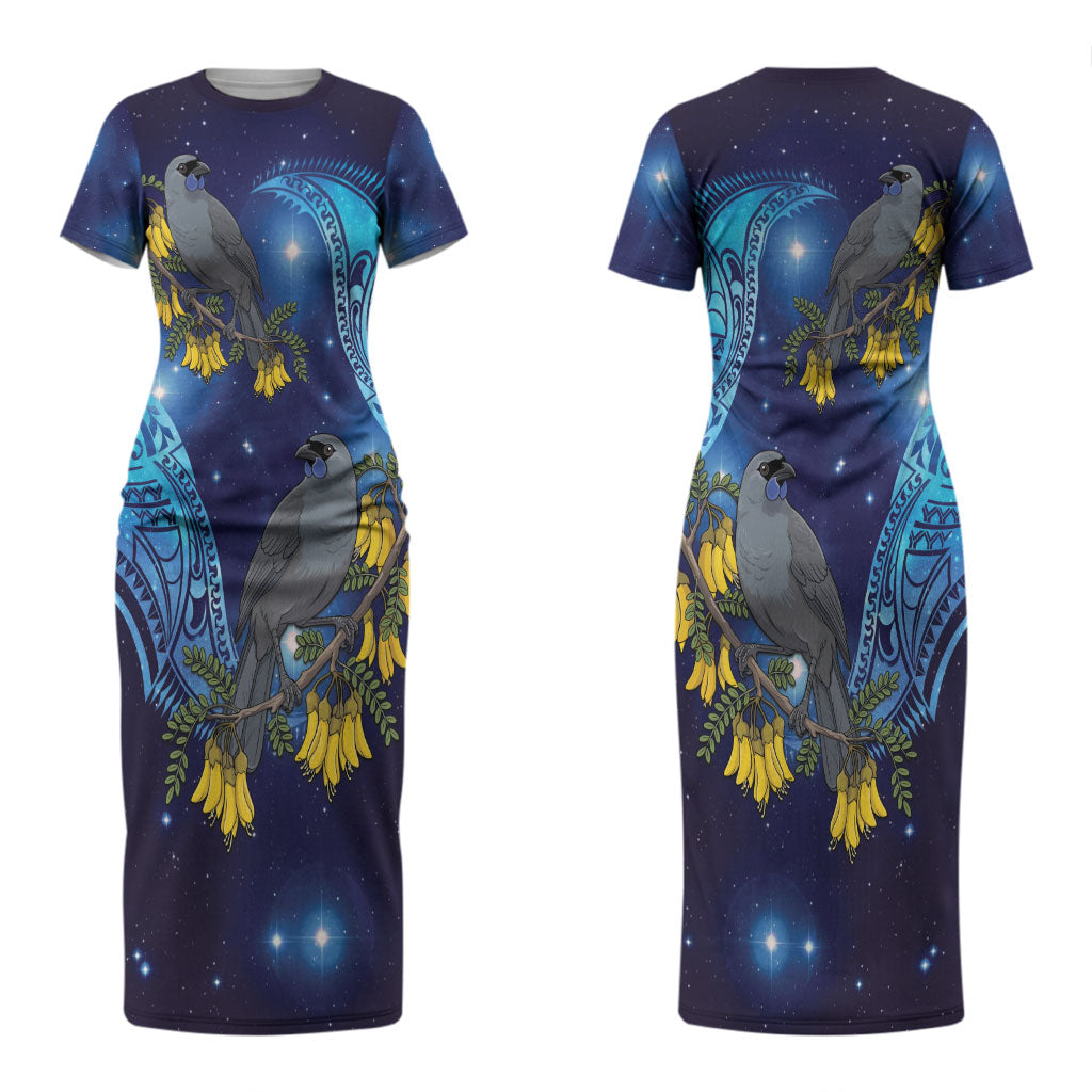New Zealand Kokako Bird Couples Matching Short Sleeve Bodycon Dress and Long Sleeve Button Shirt Kowhai Galaxy Style Polynesian Pattern LT22 - Polynesian Pride