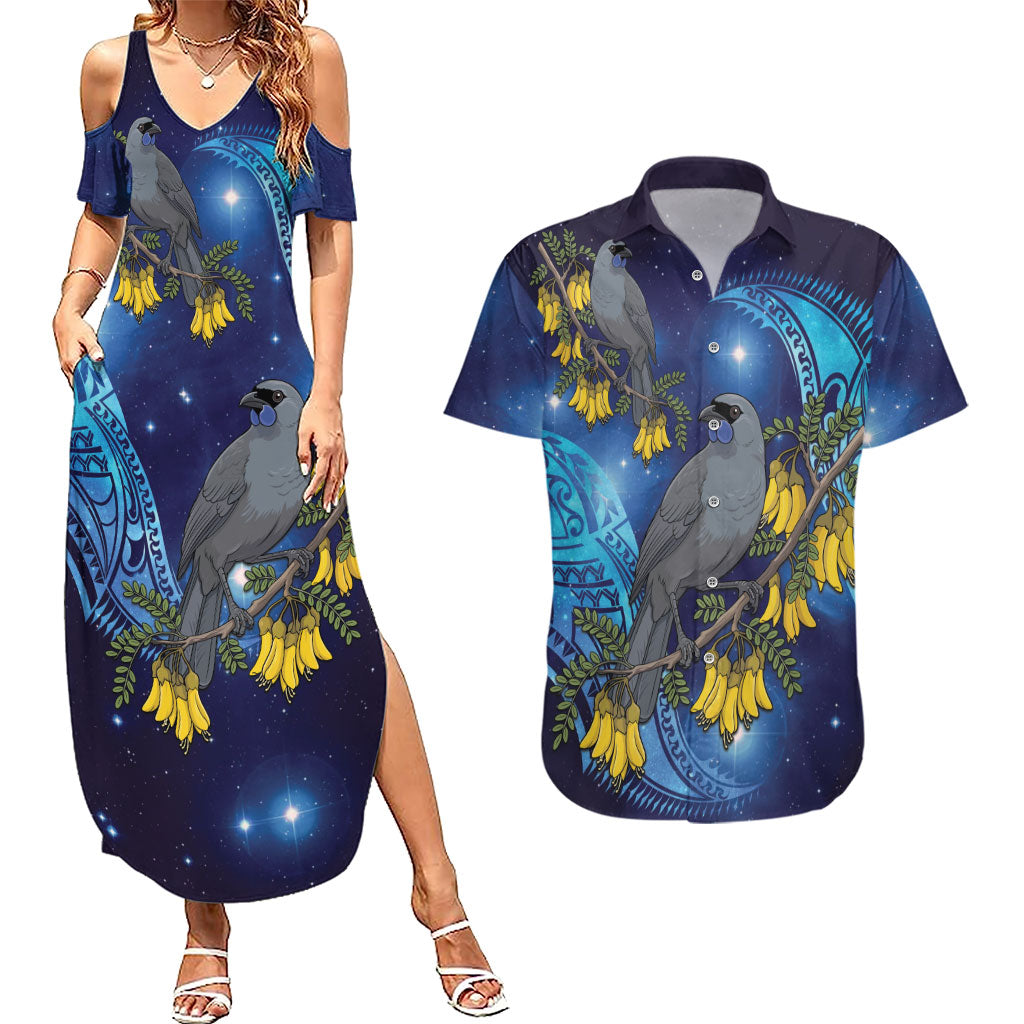 New Zealand Kokako Bird Couples Matching Summer Maxi Dress and Hawaiian Shirt Kowhai Galaxy Style Polynesian Pattern LT22 Blue - Polynesian Pride