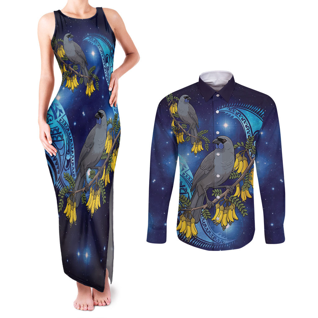New Zealand Kokako Bird Couples Matching Tank Maxi Dress and Long Sleeve Button Shirt Kowhai Galaxy Style Polynesian Pattern