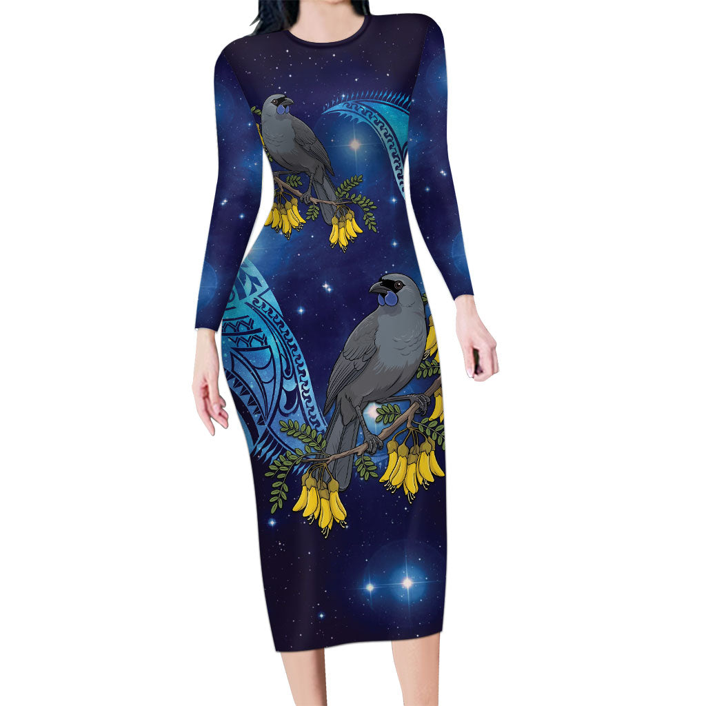 New Zealand Kokako Bird Family Matching Long Sleeve Bodycon Dress and Hawaiian Shirt Kowhai Galaxy Style Polynesian Pattern