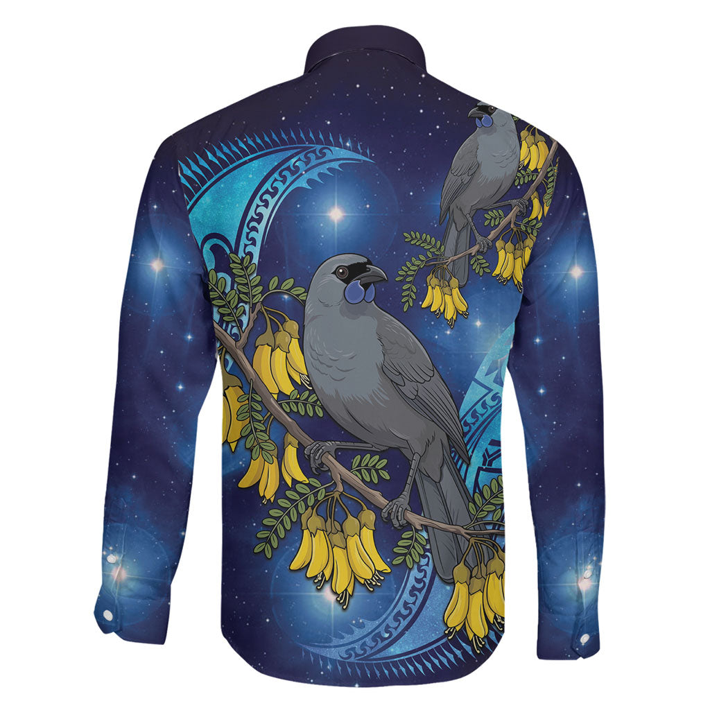 New Zealand Kokako Bird Family Matching Off Shoulder Maxi Dress and Hawaiian Shirt Kowhai Galaxy Style Polynesian Pattern