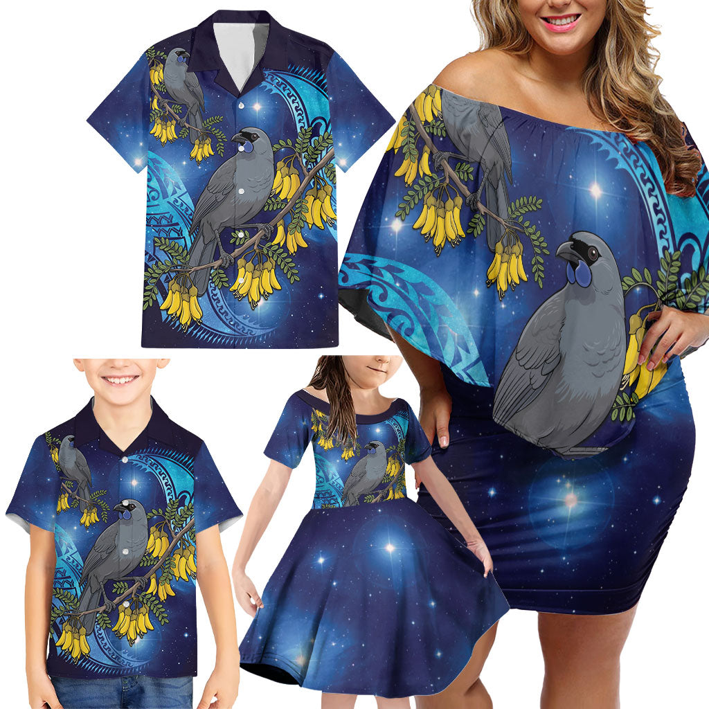 New Zealand Kokako Bird Family Matching Off Shoulder Short Dress and Hawaiian Shirt Kowhai Galaxy Style Polynesian Pattern