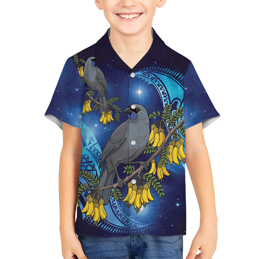 New Zealand Kokako Bird Family Matching Puletasi and Hawaiian Shirt Kowhai Galaxy Style Polynesian Pattern
