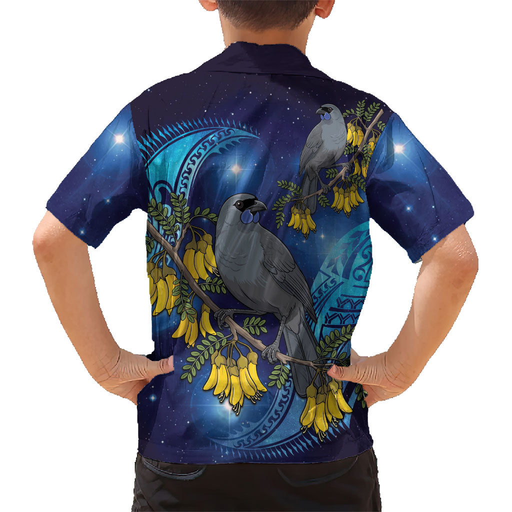 New Zealand Kokako Bird Family Matching Short Sleeve Bodycon Dress and Hawaiian Shirt Kowhai Galaxy Style Polynesian Pattern