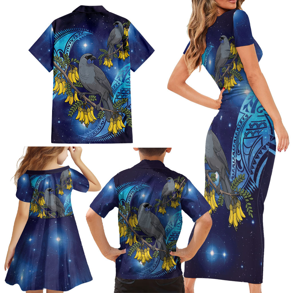 New Zealand Kokako Bird Family Matching Short Sleeve Bodycon Dress and Hawaiian Shirt Kowhai Galaxy Style Polynesian Pattern