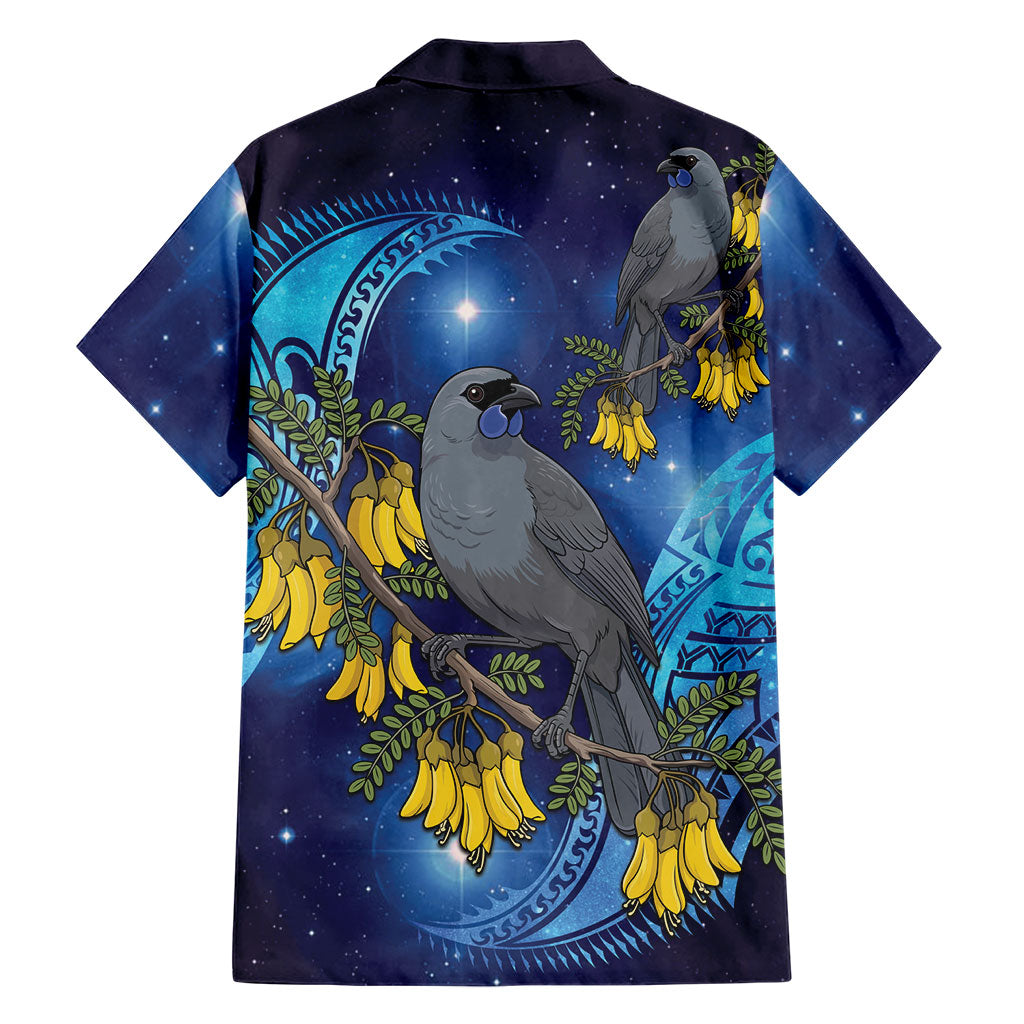 New Zealand Kokako Bird Family Matching Short Sleeve Bodycon Dress and Hawaiian Shirt Kowhai Galaxy Style Polynesian Pattern