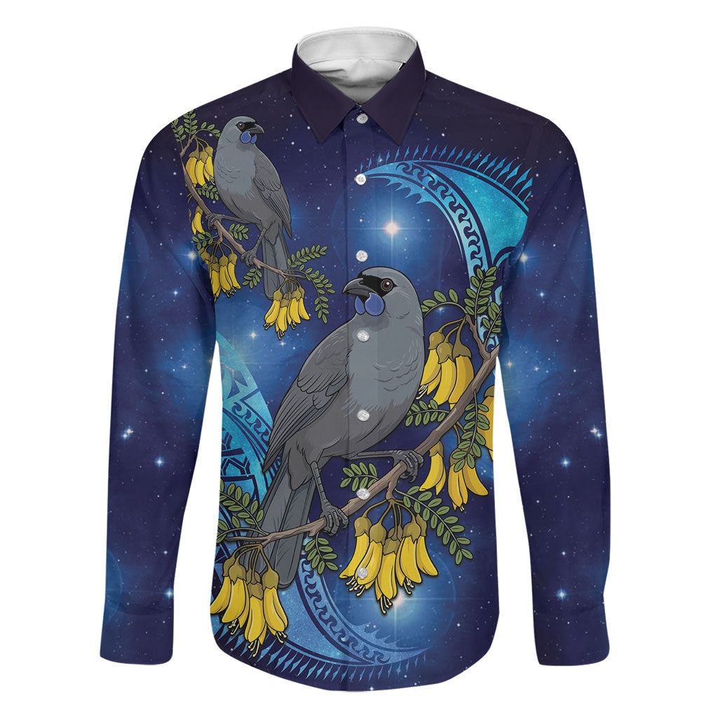New Zealand Kokako Bird Family Matching Short Sleeve Bodycon Dress and Hawaiian Shirt Kowhai Galaxy Style Polynesian Pattern