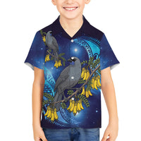 New Zealand Kokako Bird Family Matching Short Sleeve Bodycon Dress and Hawaiian Shirt Kowhai Galaxy Style Polynesian Pattern