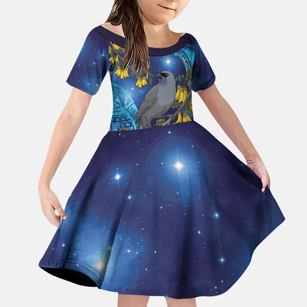 New Zealand Kokako Bird Family Matching Summer Maxi Dress and Hawaiian Shirt Kowhai Galaxy Style Polynesian Pattern