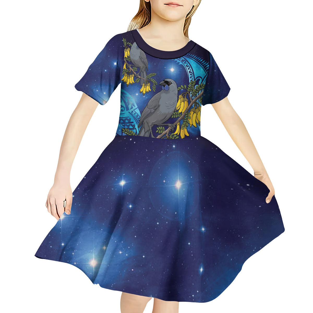 New Zealand Kokako Bird Kid Short Sleeve Dress Kowhai Galaxy Style Polynesian Pattern