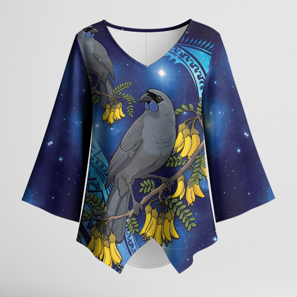 New Zealand Kokako Bird Kimono Sleeve Blouse Kowhai Galaxy Style Polynesian Pattern