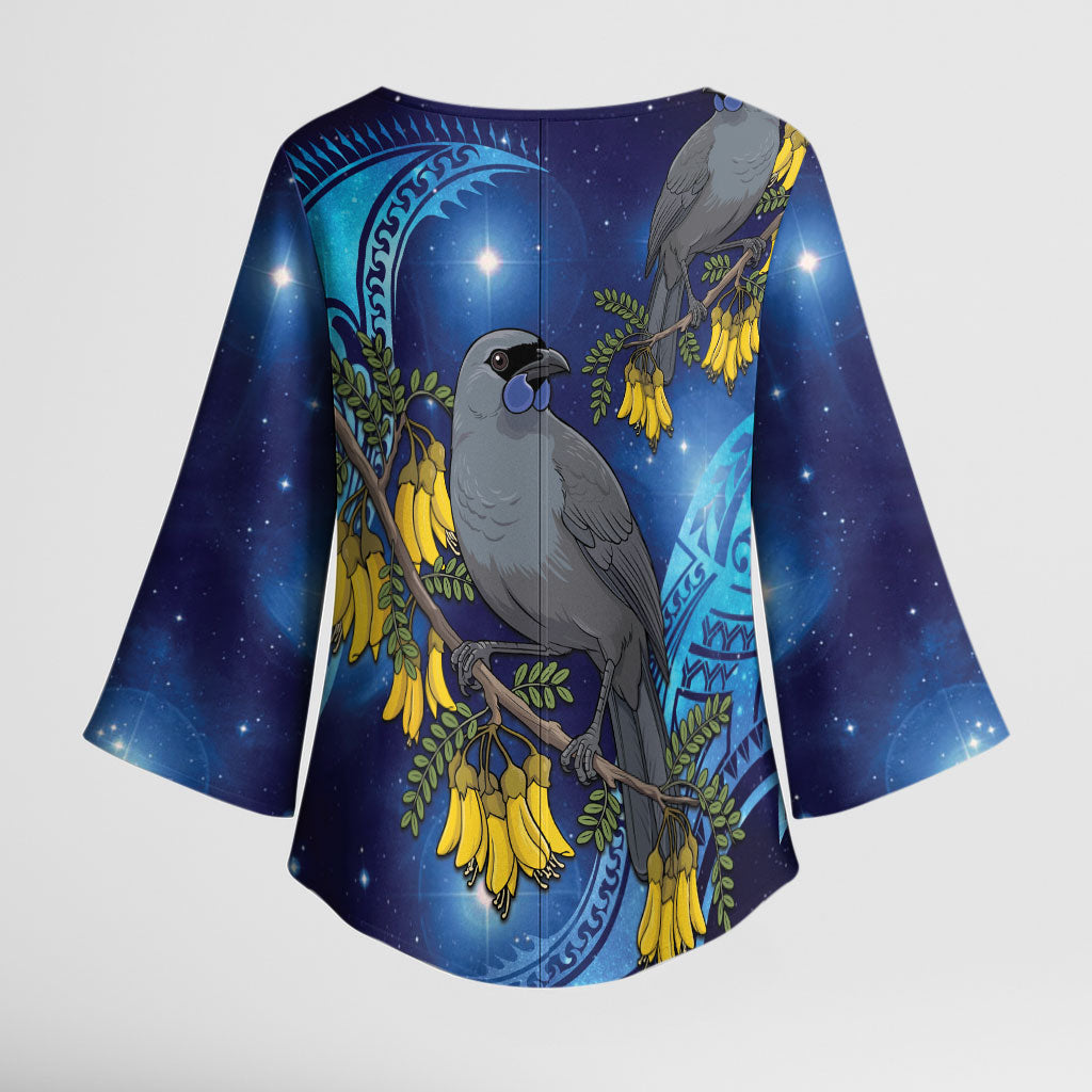 New Zealand Kokako Bird Kimono Sleeve Blouse Kowhai Galaxy Style Polynesian Pattern