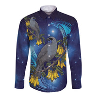 New Zealand Kokako Bird Long Sleeve Button Shirt Kowhai Galaxy Style Polynesian Pattern