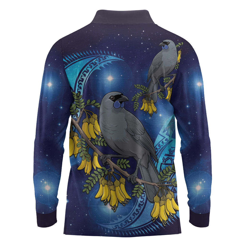 New Zealand Kokako Bird Long Sleeve Polo Shirt Kowhai Galaxy Style Polynesian Pattern