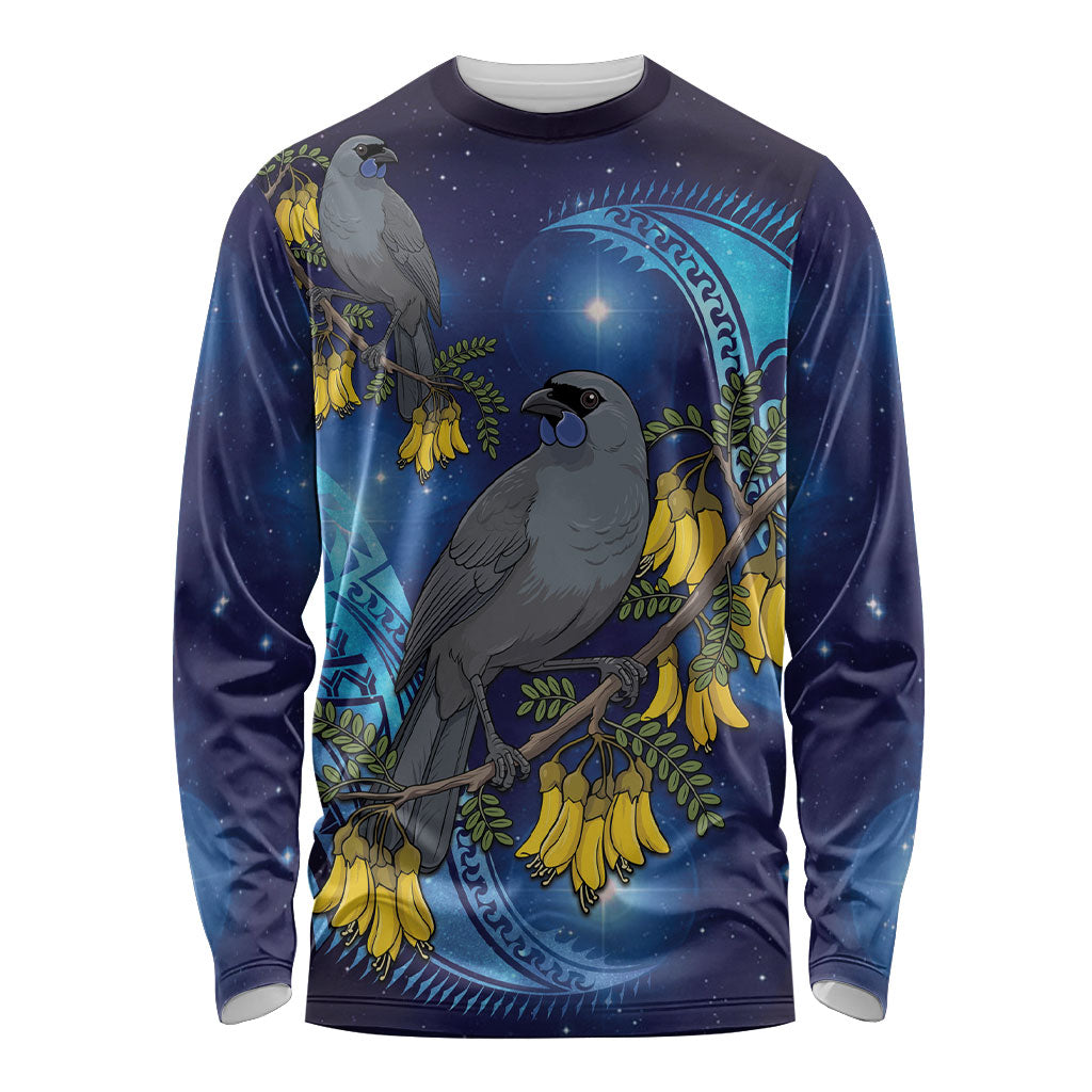 New Zealand Kokako Bird Long Sleeve Shirt Kowhai Galaxy Style Polynesian Pattern LT22 Unisex Blue - Polynesian Pride