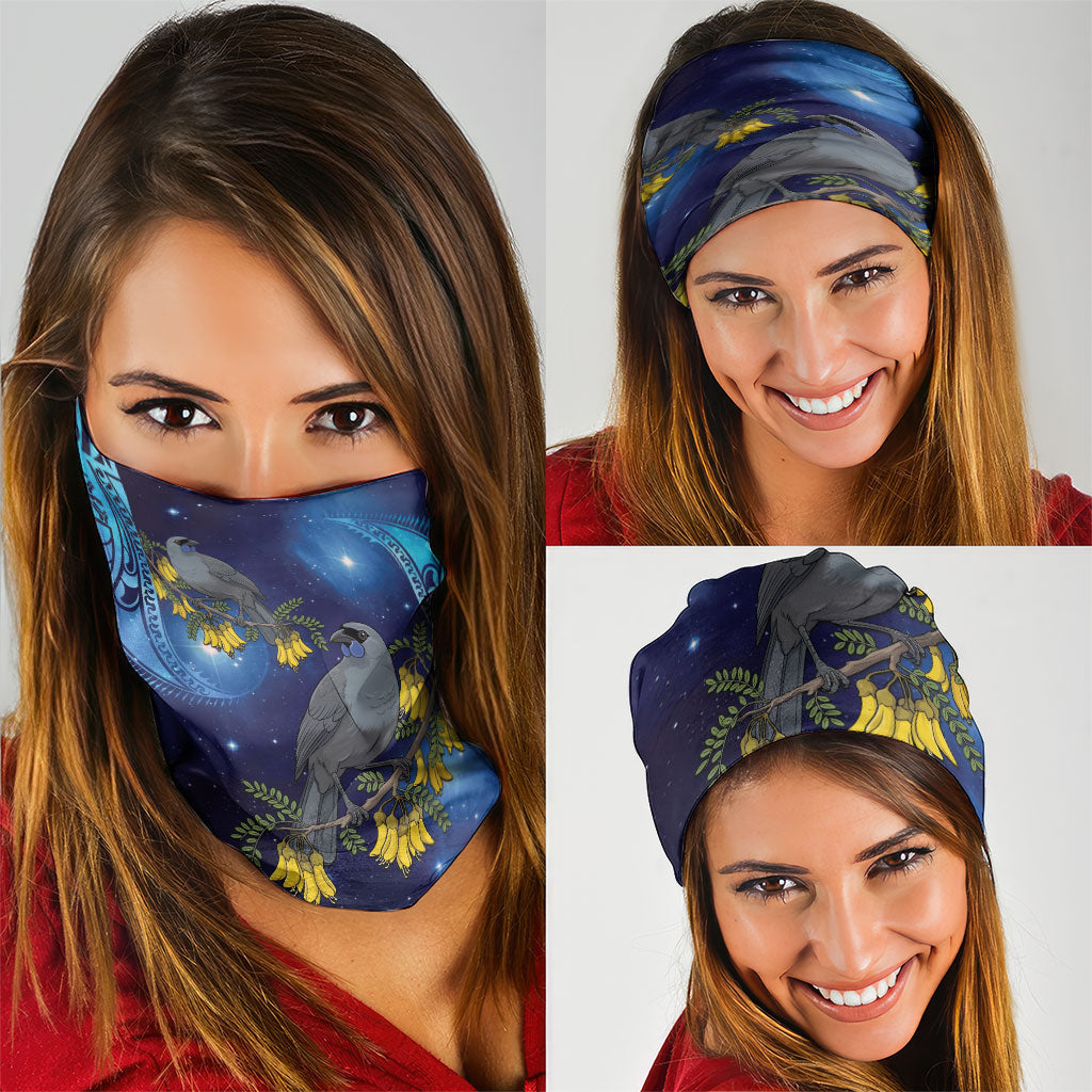 New Zealand Kokako Bird Neck Gaiter Kowhai Galaxy Style Polynesian Pattern
