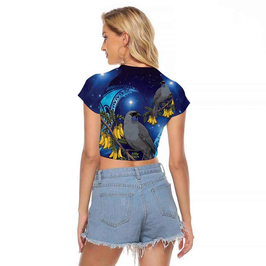 New Zealand Kokako Bird Raglan Cropped T Shirt Kowhai Galaxy Style Polynesian Pattern