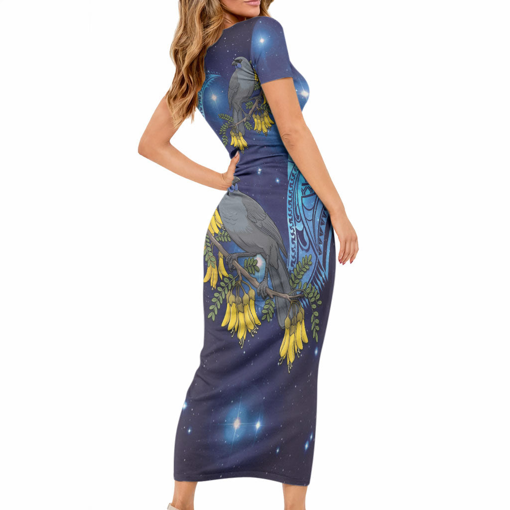 New Zealand Kokako Bird Short Sleeve Bodycon Dress Kowhai Galaxy Style Polynesian Pattern LT22 - Polynesian Pride