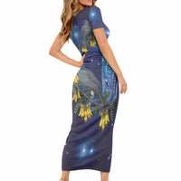 New Zealand Kokako Bird Short Sleeve Bodycon Dress Kowhai Galaxy Style Polynesian Pattern LT22 - Polynesian Pride