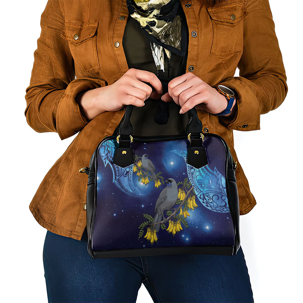 New Zealand Kokako Bird Shoulder Handbag Kowhai Galaxy Style Polynesian Pattern
