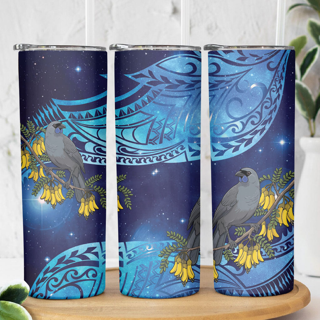New Zealand Kokako Bird Skinny Tumbler Kowhai Galaxy Style Polynesian Pattern