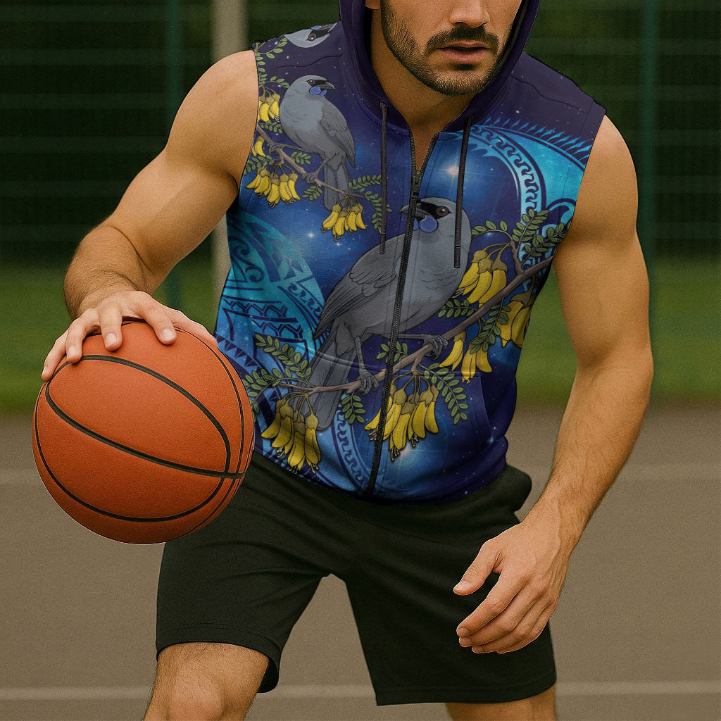 New Zealand Kokako Bird Sleeveless Zip Hoodie Kowhai Galaxy Style Polynesian Pattern