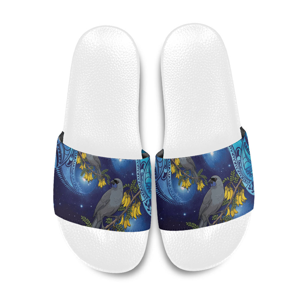 New Zealand Kokako Bird Slide Sandals Kowhai Galaxy Style Polynesian Pattern