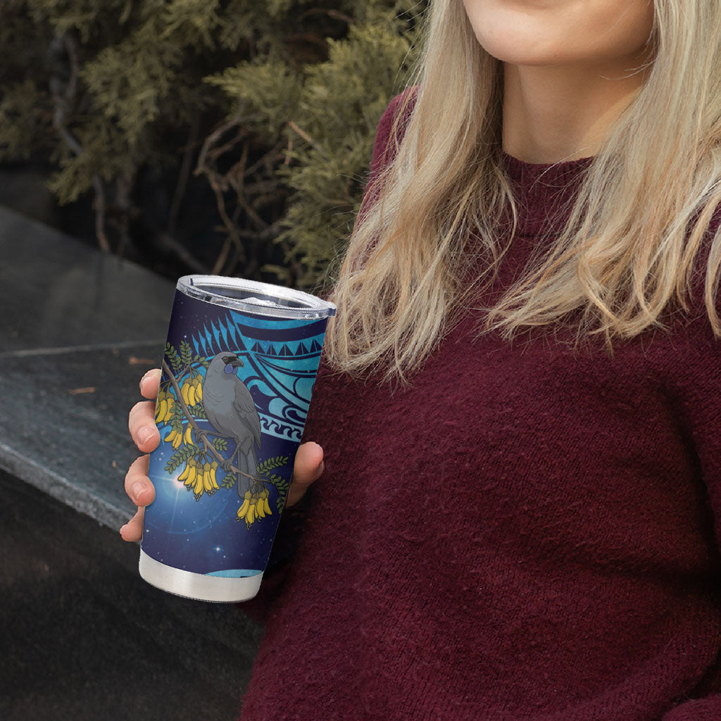New Zealand Kokako Bird Tumbler Cup Kowhai Galaxy Style Polynesian Pattern