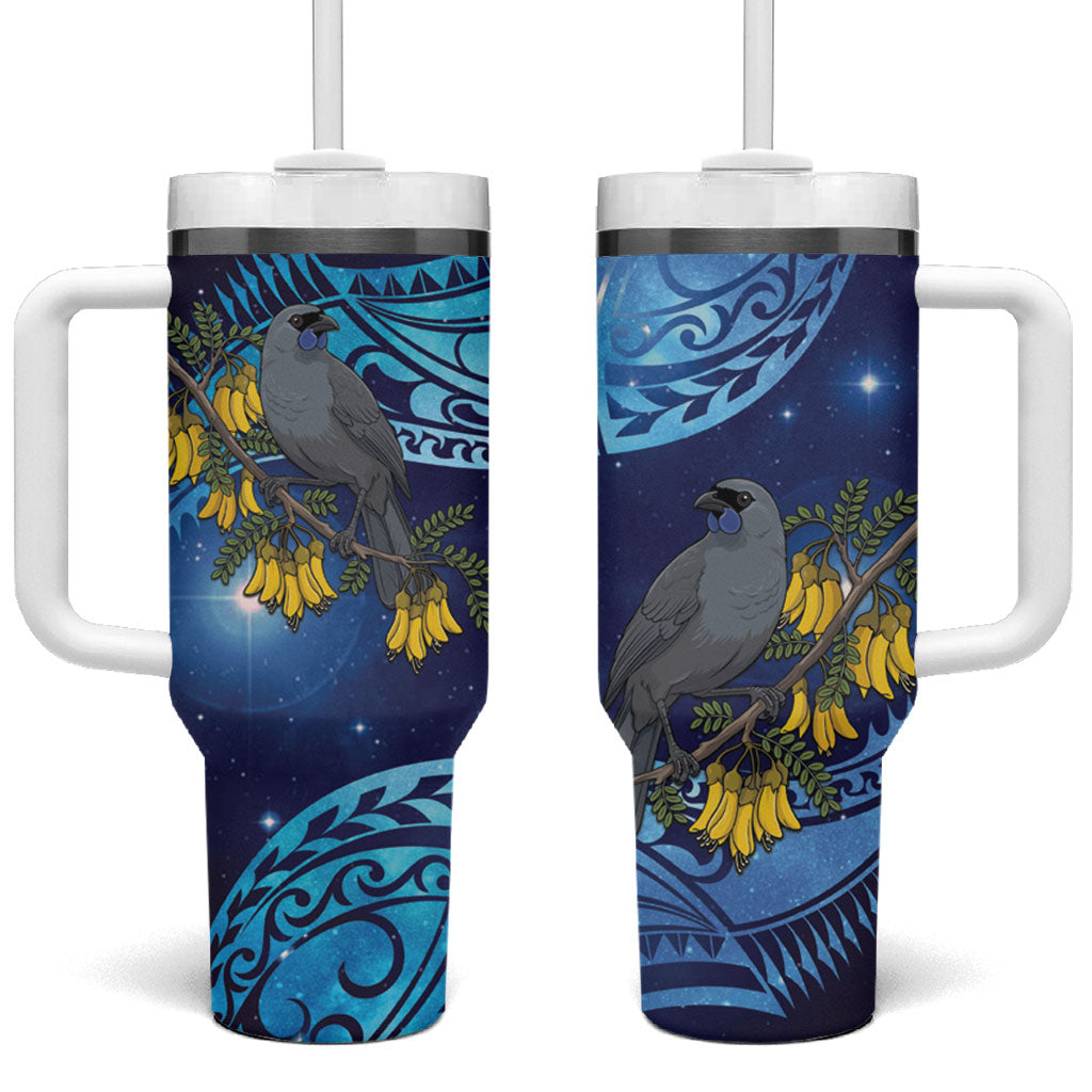 New Zealand Kokako Bird Tumbler With Handle Kowhai Galaxy Style Polynesian Pattern