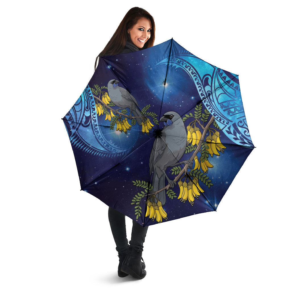 New Zealand Kokako Bird Umbrella Kowhai Galaxy Style Polynesian Pattern