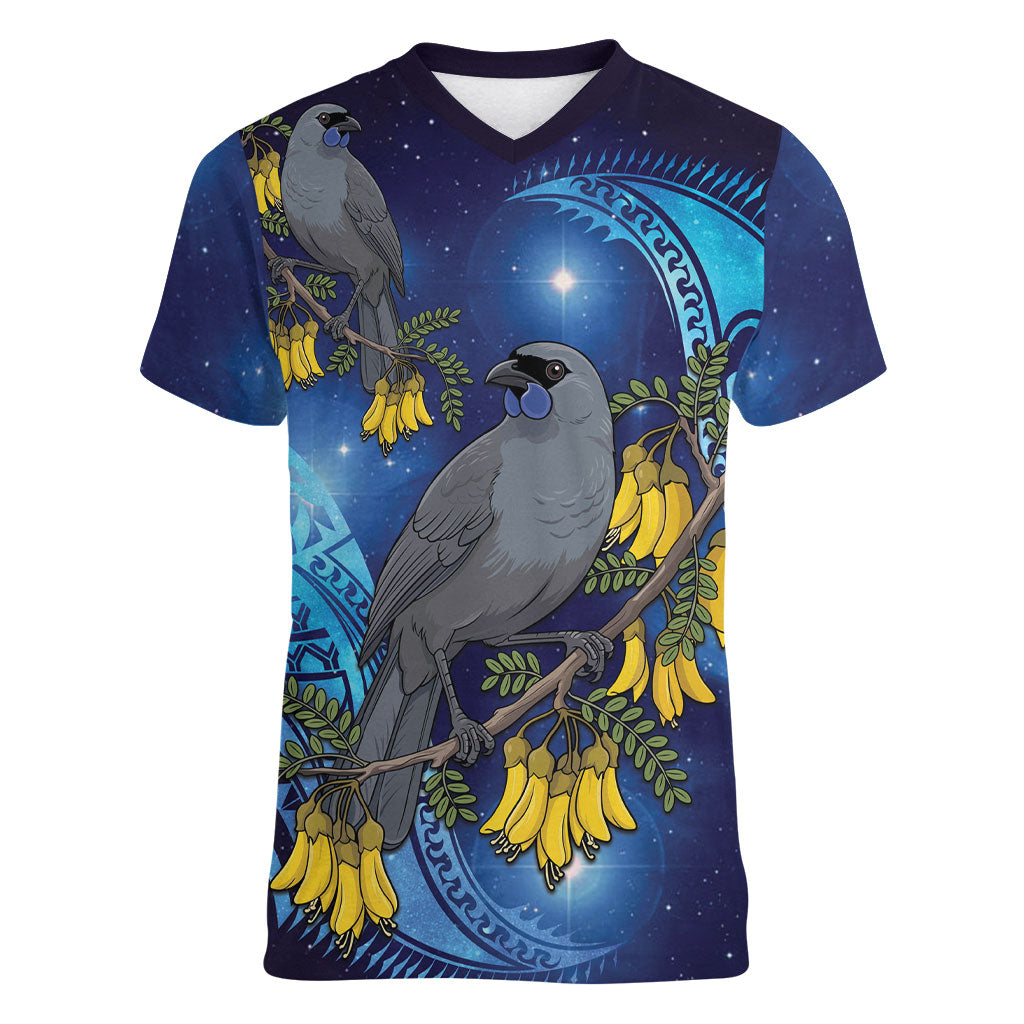 New Zealand Kokako Bird Women V-Neck T-Shirt Kowhai Galaxy Style Polynesian Pattern