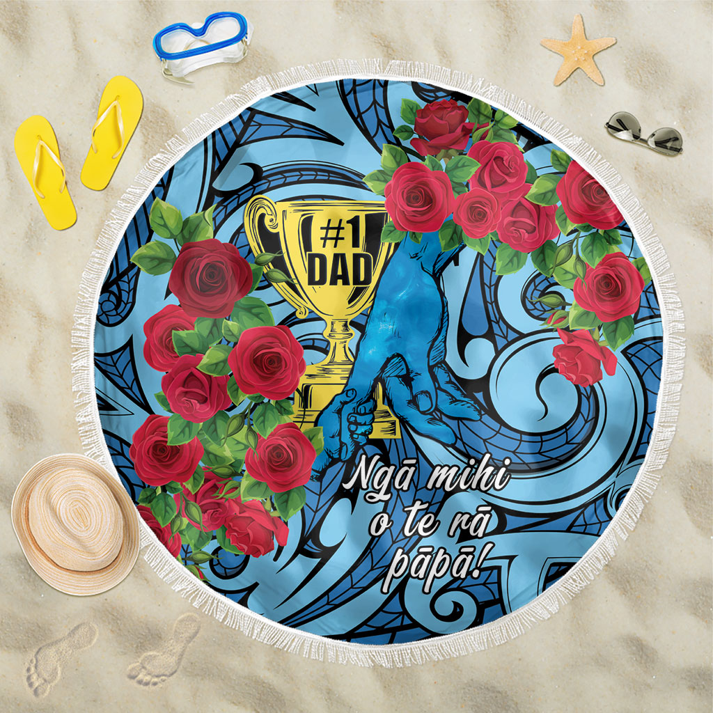 New Zealand Father's Day Beach Blanket Best Dad Trophy Red Rose Maori Pattern LT22 One Size 150cm Blue - Polynesian Pride