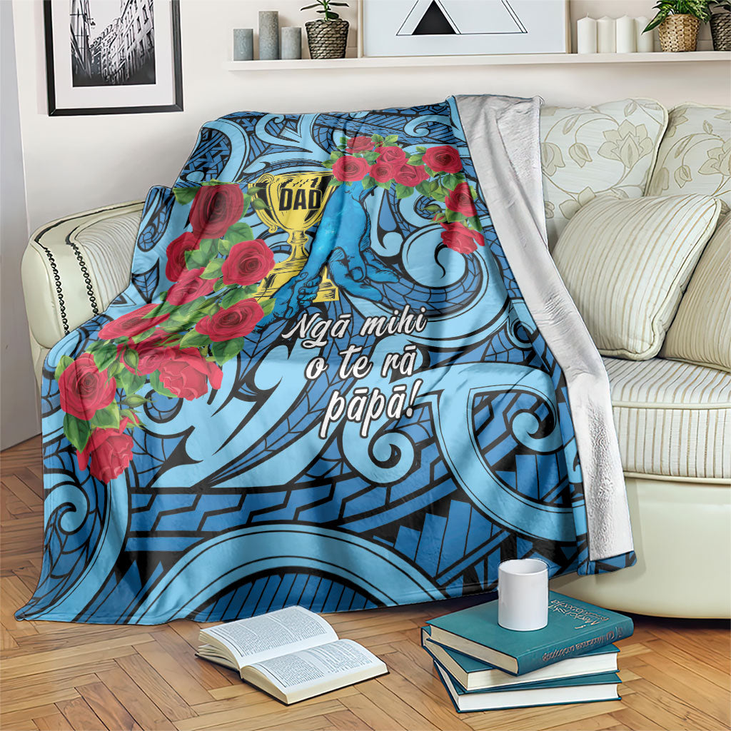 New Zealand Father's Day Blanket Best Dad Trophy Red Rose Maori Pattern LT22 Blue - Polynesian Pride