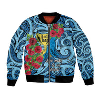 Personalised New Zealand Father's Day Bomber Jacket Best Dad Trophy Red Rose Maori Pattern LT22 Unisex Blue - Polynesian Pride
