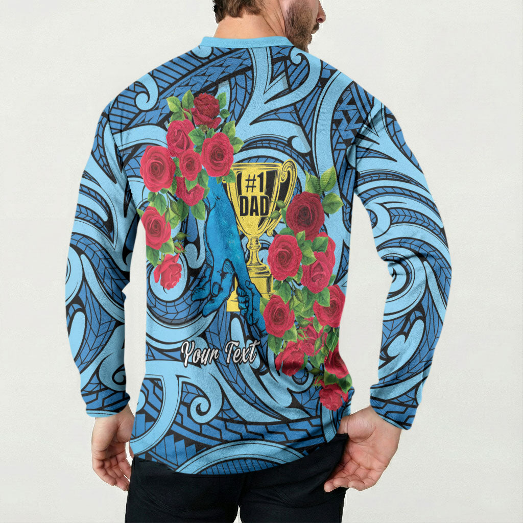 Personalised New Zealand Father's Day Button Sweatshirt Best Dad Trophy Red Rose Maori Pattern LT22 - Polynesian Pride