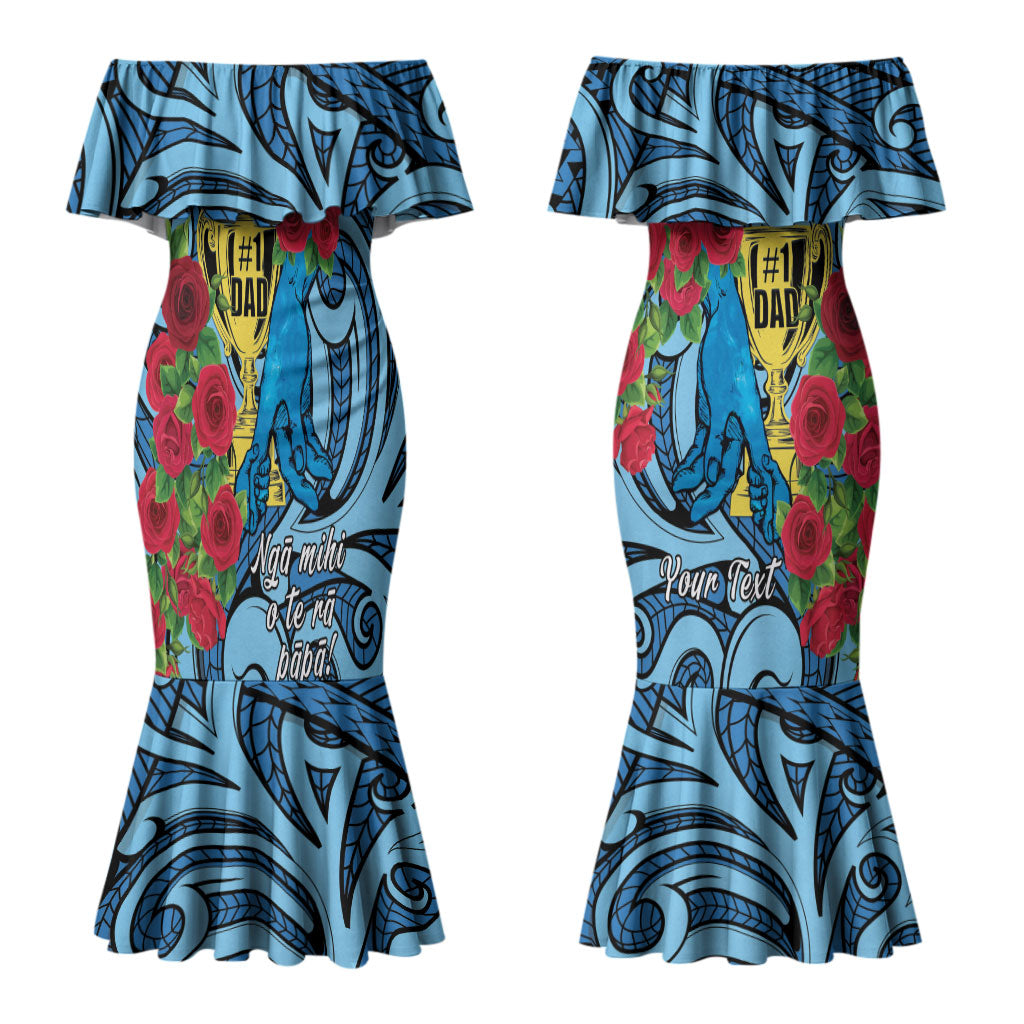 Personalised New Zealand Father's Day Couples Matching Mermaid Dress and Long Sleeve Button Shirt Best Dad Trophy Red Rose Maori Pattern LT22 - Polynesian Pride