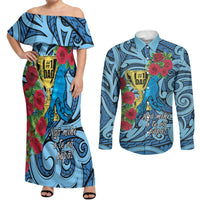 Personalised New Zealand Father's Day Couples Matching Off Shoulder Maxi Dress and Long Sleeve Button Shirt Best Dad Trophy Red Rose Maori Pattern LT22 Blue - Polynesian Pride