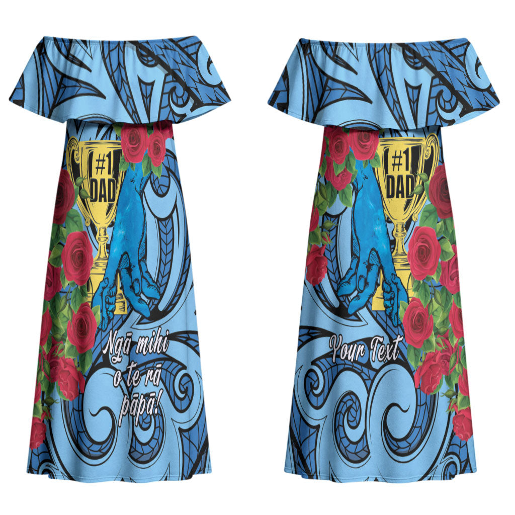 Personalised New Zealand Father's Day Couples Matching Off Shoulder Maxi Dress and Long Sleeve Button Shirt Best Dad Trophy Red Rose Maori Pattern LT22 - Polynesian Pride