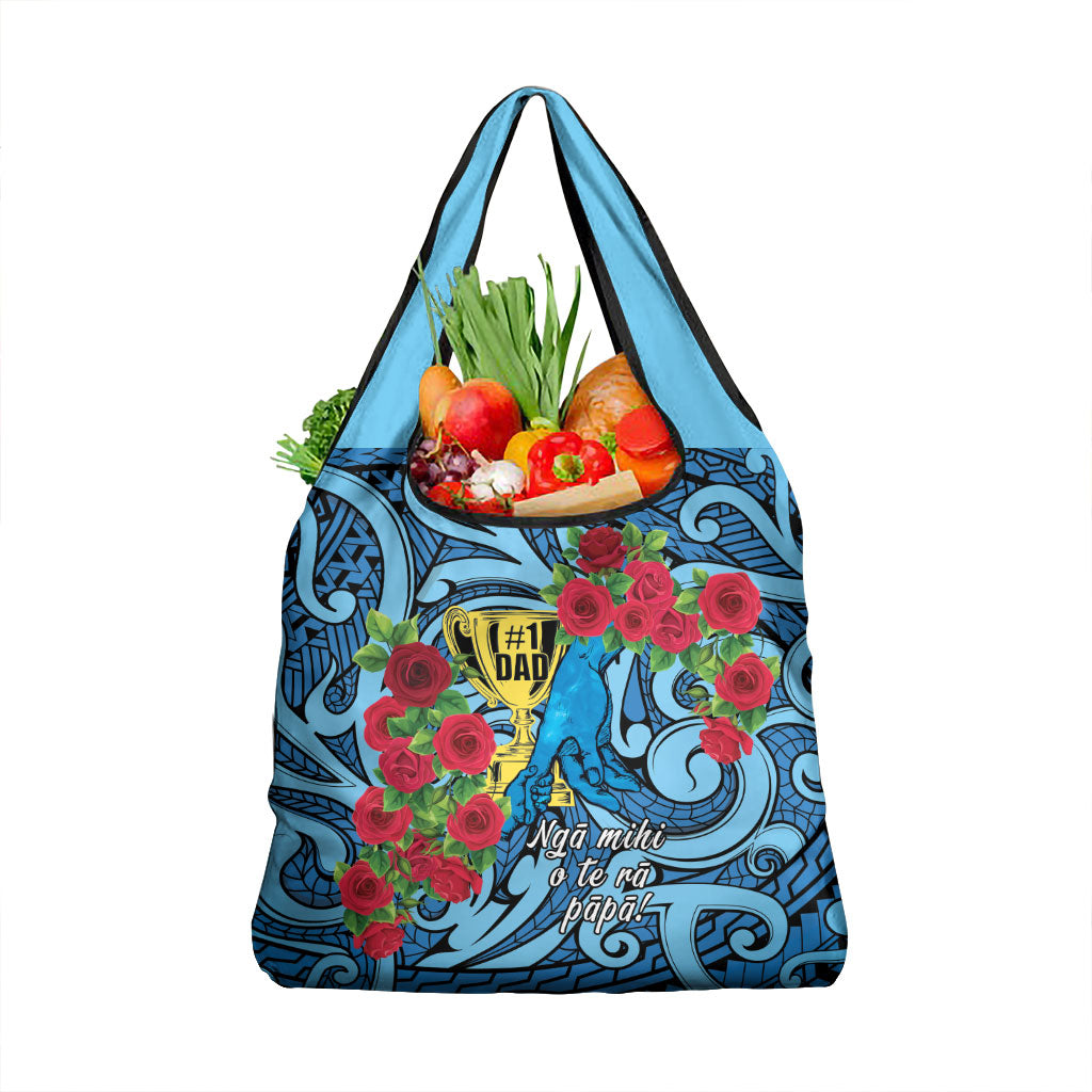 New Zealand Father's Day Grocery Bag Best Dad Trophy Red Rose Maori Pattern