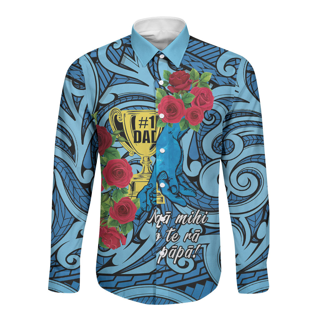 Personalised New Zealand Father's Day Long Sleeve Button Shirt Best Dad Trophy Red Rose Maori Pattern LT22 Unisex Blue - Polynesian Pride