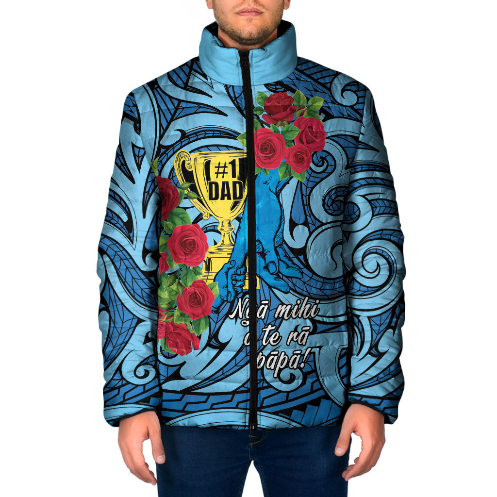 Personalised New Zealand Father's Day Padded Jacket Best Dad Trophy Red Rose Maori Pattern LT22 Men Blue - Polynesian Pride