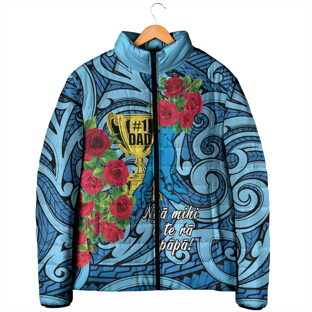 Personalised New Zealand Father's Day Padded Jacket Best Dad Trophy Red Rose Maori Pattern LT22 - Polynesian Pride