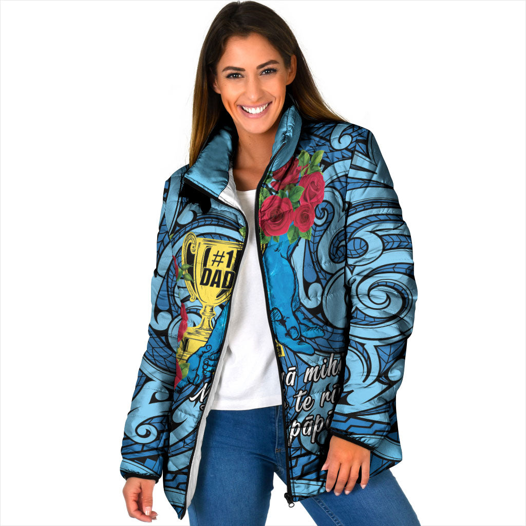 Personalised New Zealand Father's Day Padded Jacket Best Dad Trophy Red Rose Maori Pattern LT22 Women Blue - Polynesian Pride